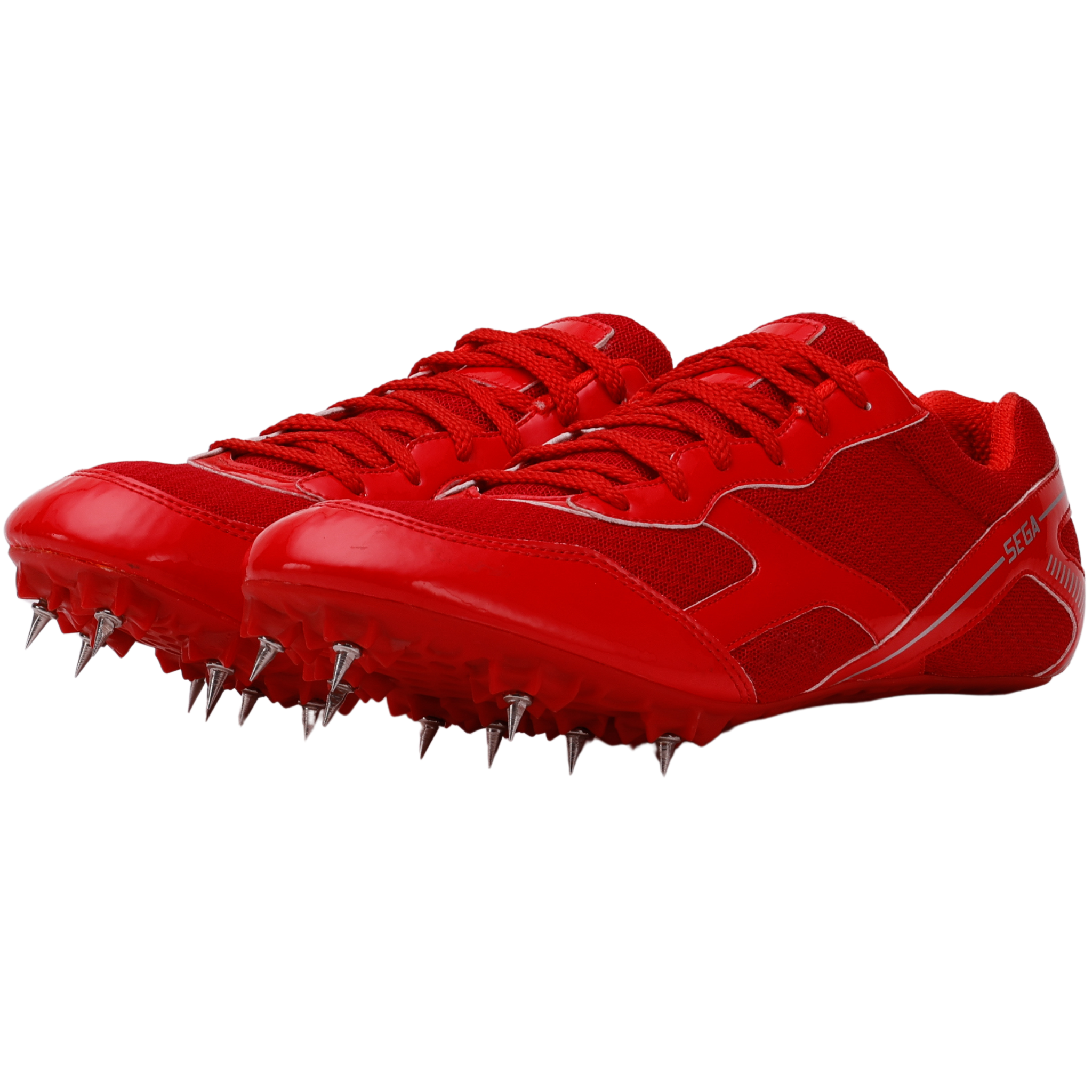 A red SEGA Flower metal spikes track and field running shoe with a synthetic leather upper and a textured outsole.