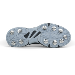 White cricket shoes with blue and black accents on a white background