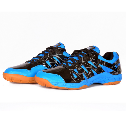 A pair of SEGA LOTUS badminton tennis and squash court shoes with a black and blue design and orange accents.
