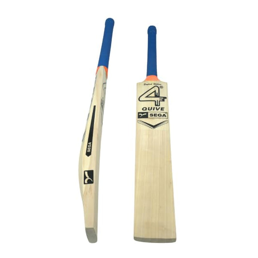 A pair of Sega English Willow cricket bats with blue grip handles, one with the Sega logo visible, and the other displaying the text '4' indicating the model number.