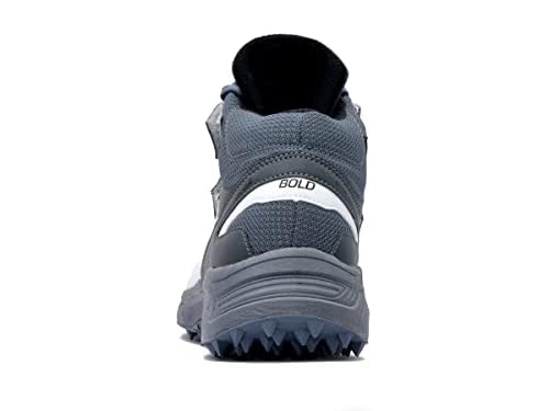 A pair of white, and grey cricket bowling shoes with rubber studs and an external strap for support.