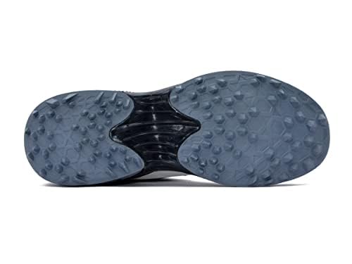 A pair of white, and grey cricket bowling shoes with rubber studs and an external strap for support.