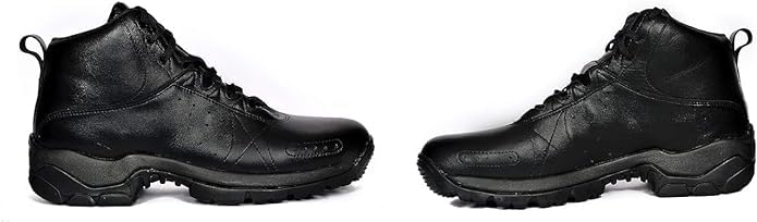 A pair of black leather military boots with a lace-up closure and a rubber sole.