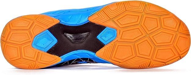 A pair of SEGA LOTUS badminton tennis and squash court shoes with a black and blue design and orange accents.