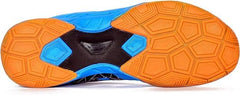 A pair of SEGA LOTUS badminton tennis and squash court shoes with a black and blue design and orange accents.