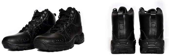 A pair of black leather military boots with a lace-up closure and a rubber sole.
