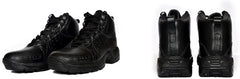 A pair of black leather military boots with a lace-up closure and a rubber sole.
