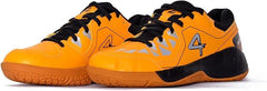 Yellow sports shoe with black accents on a white background, badminton, squash, tennis, table tennis