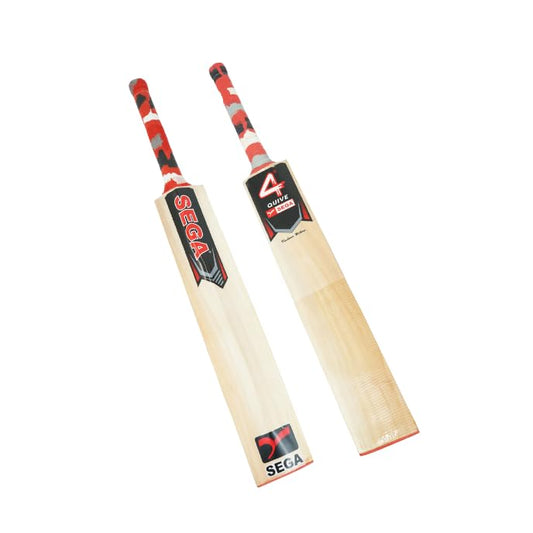 A Sega Pro Q4 Kashmir Willow cricket bat with branding and a black grip on a white background.