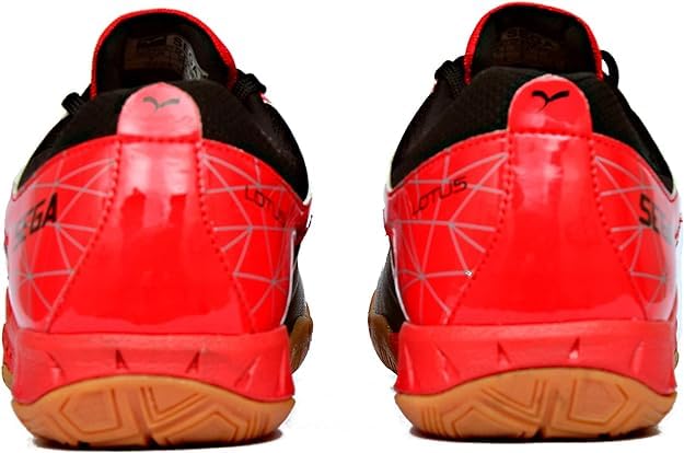 A pair of SEGA LOTUS badminton tennis and squash court shoes with a black and red design and black accents.