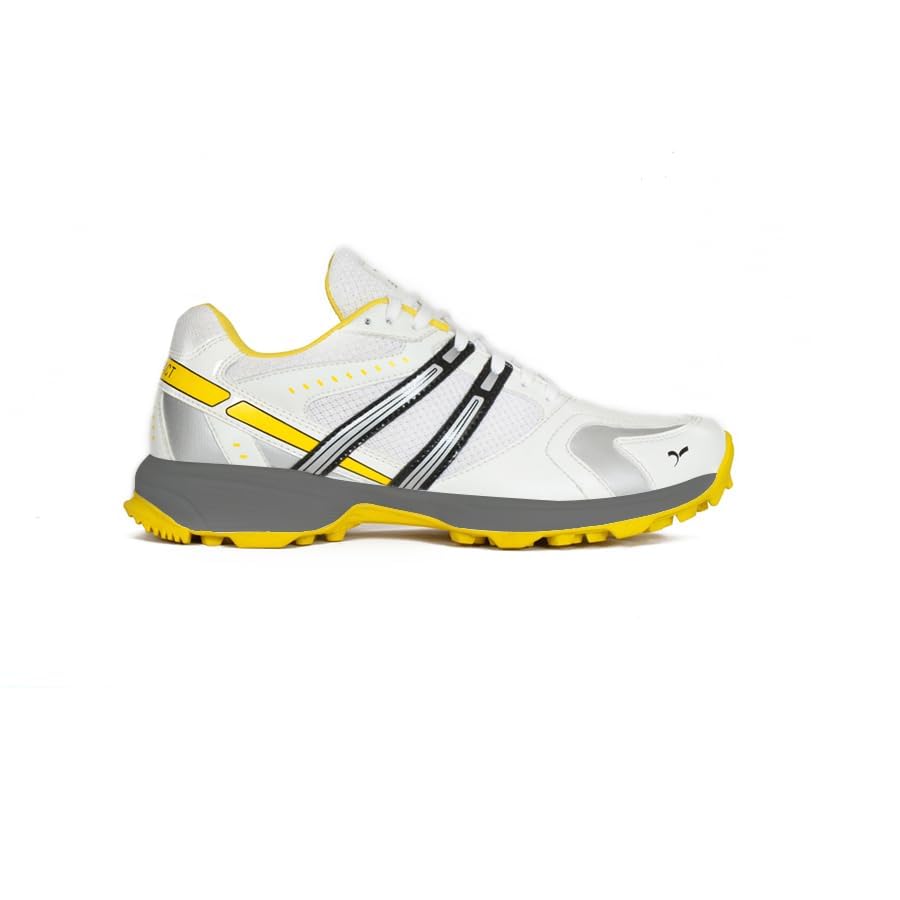 A pair of white cricket shoes with yellow accents and a distinctive design on the sole.