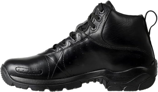 A pair of black leather military boots with a lace-up closure and a rubber sole.