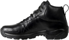 A pair of black leather military boots with a lace-up closure and a rubber sole.