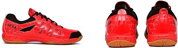 A pair of SEGA LOTUS badminton tennis and squash court shoes with a black and red design and black accents.