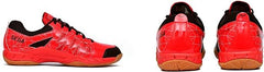 A pair of SEGA LOTUS badminton tennis and squash court shoes with a black and red design and black accents.