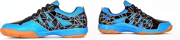 A pair of SEGA LOTUS badminton tennis and squash court shoes with a black and blue design and orange accents.