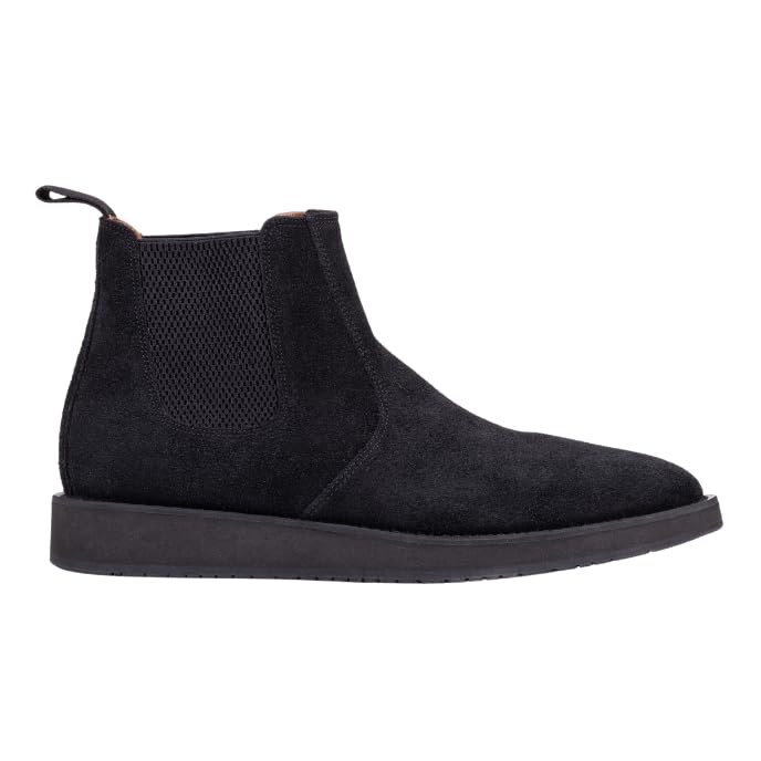 A pair of black leather Chelsea boots with a rubber sole.