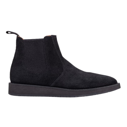 A pair of black leather Chelsea boots with a rubber sole.