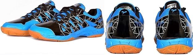 A pair of SEGA LOTUS badminton tennis and squash court shoes with a black and blue design and orange accents.