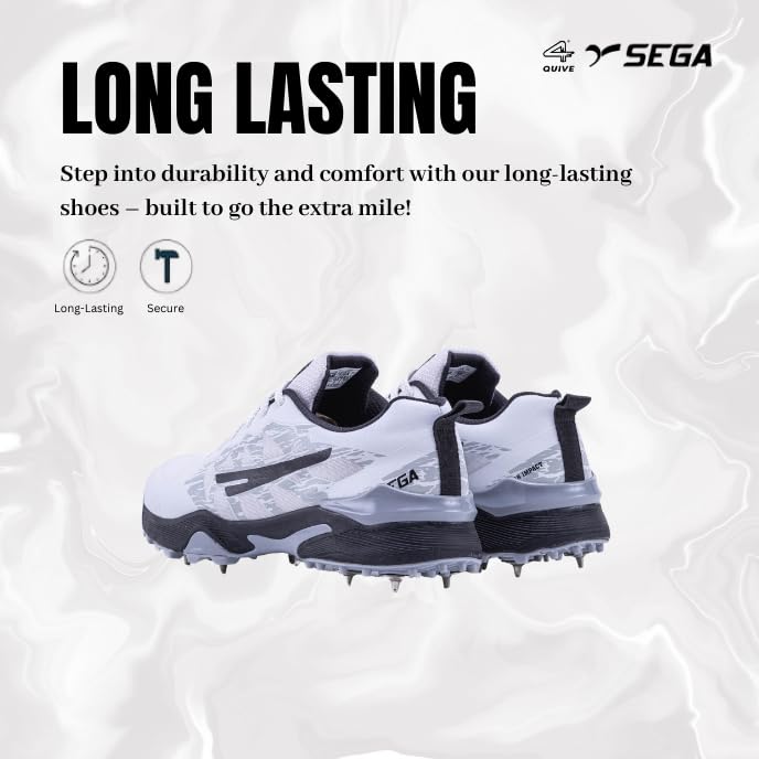 A pair of Sega Freedom men's cricket shoes featuring durable metal spikes and a white low-profile design with black accents.