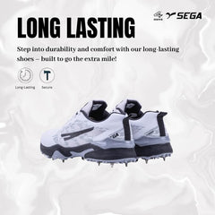 A pair of Sega Freedom men's cricket shoes featuring durable metal spikes and a white low-profile design with black accents.