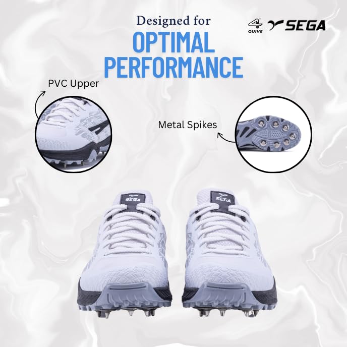 A pair of Sega Freedom men's cricket shoes featuring durable metal spikes and a white low-profile design with black accents.