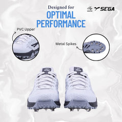 A pair of Sega Freedom men's cricket shoes featuring durable metal spikes and a white low-profile design with black accents.