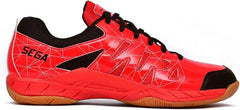 A pair of SEGA LOTUS badminton tennis and squash court shoes with a black and red design and black accents.