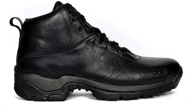 A pair of black leather military boots with a lace-up closure and a rubber sole.