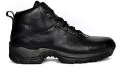 A pair of black leather military boots with a lace-up closure and a rubber sole.