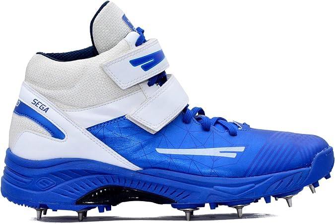 A pair of blue, and white cricket bowling shoes with metal spikes and an external strap for support.