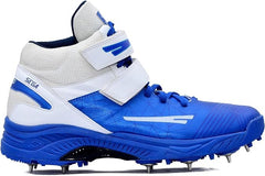 A pair of blue, and white cricket bowling shoes with metal spikes and an external strap for support.