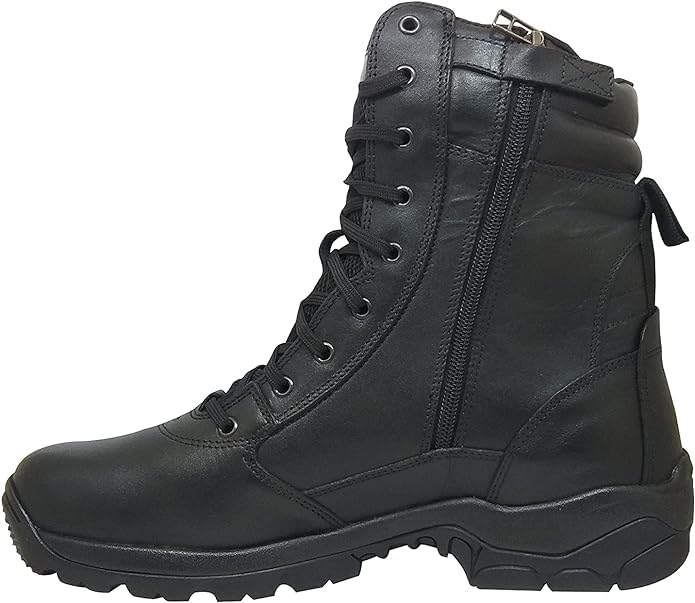 Black leather ankle boots with a lace-up closure and a rubber sole.