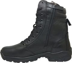 Black leather ankle boots with a lace-up closure and a rubber sole.