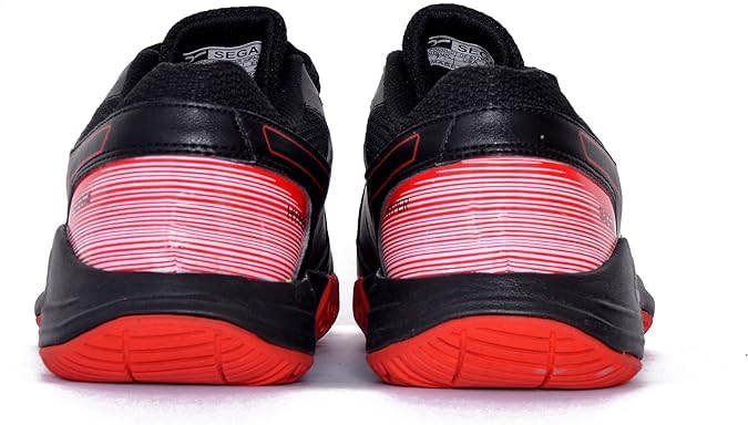 Black sports shoe with red accents on a white background, badminton, squash, tennis, table tennis