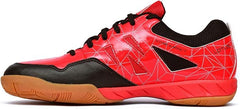 A pair of SEGA LOTUS badminton tennis and squash court shoes with a black and red design and black accents.