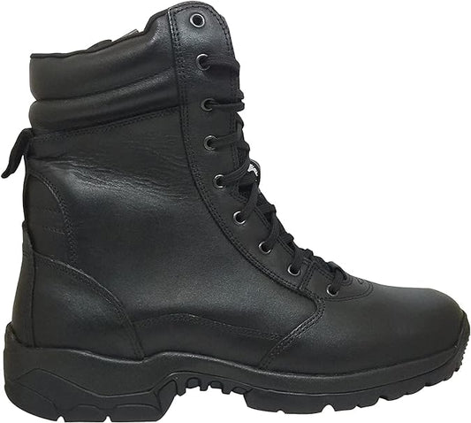 Black leather ankle boots with a lace-up closure and a rubber sole.