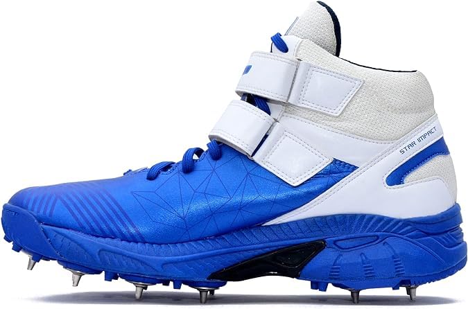 A pair of blue, and white cricket bowling shoes with metal spikes and an external strap for support.