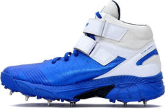 A pair of blue, and white cricket bowling shoes with metal spikes and an external strap for support.