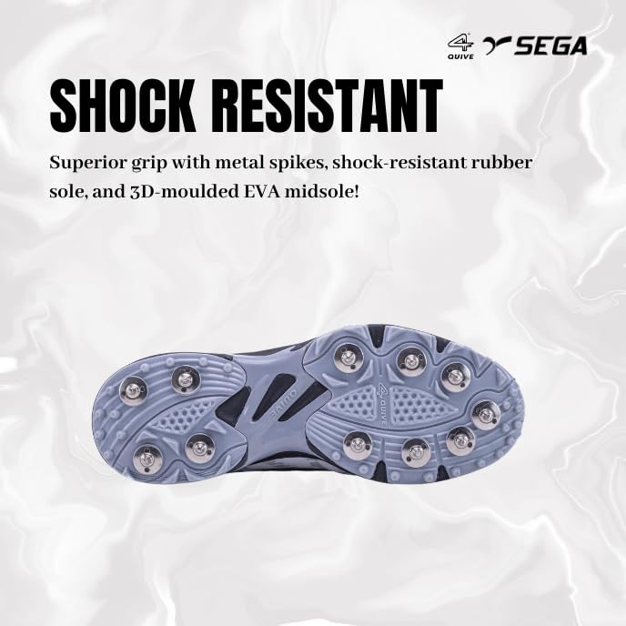 A pair of Sega Freedom men's cricket shoes featuring durable metal spikes and a white low-profile design with black accents.