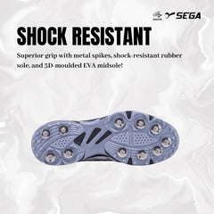 A pair of Sega Freedom men's cricket shoes featuring durable metal spikes and a white low-profile design with black accents.