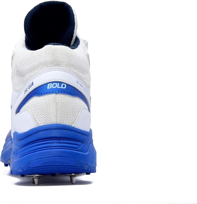 A pair of blue, and white cricket bowling shoes with metal spikes and an external strap for support.
