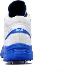 A pair of blue, and white cricket bowling shoes with metal spikes and an external strap for support.