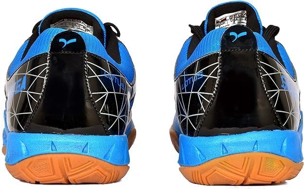 A pair of SEGA LOTUS badminton tennis and squash court shoes with a black and blue design and orange accents.