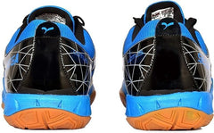 A pair of SEGA LOTUS badminton tennis and squash court shoes with a black and blue design and orange accents.