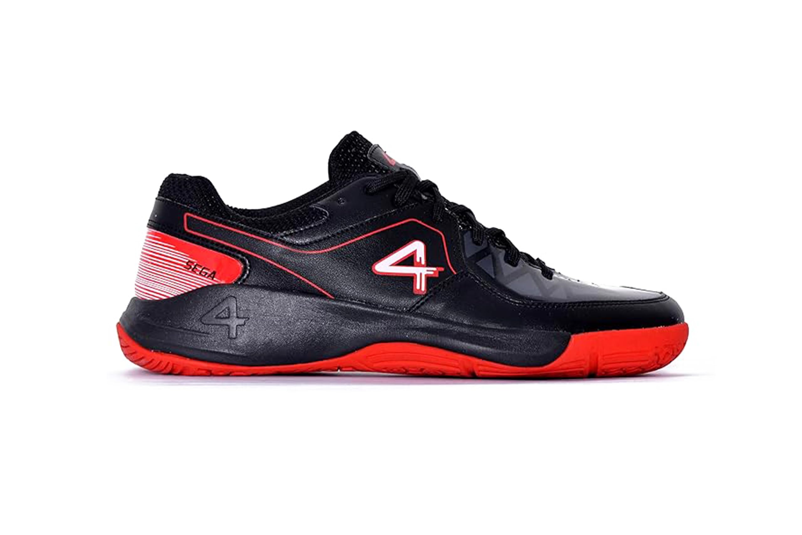 Black sports shoe with red accents on a white background, badminton, squash, tennis, table tennis
