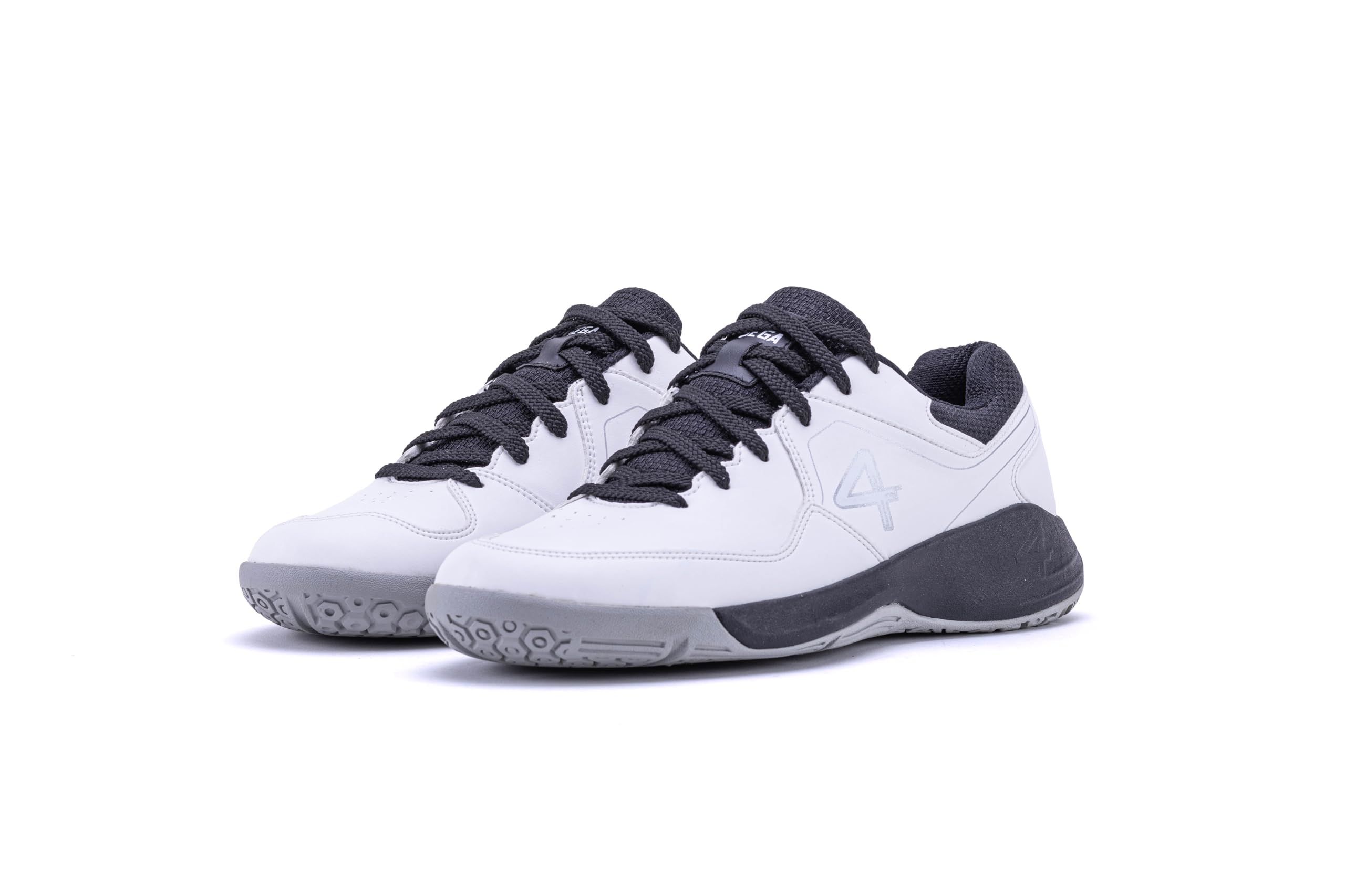 White sports shoe with black accents on a white background, badminton, squash, tennis, table tennis