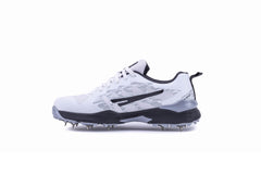 A pair of Sega Freedom men's cricket shoes featuring durable metal spikes and a white low-profile design with black accents.