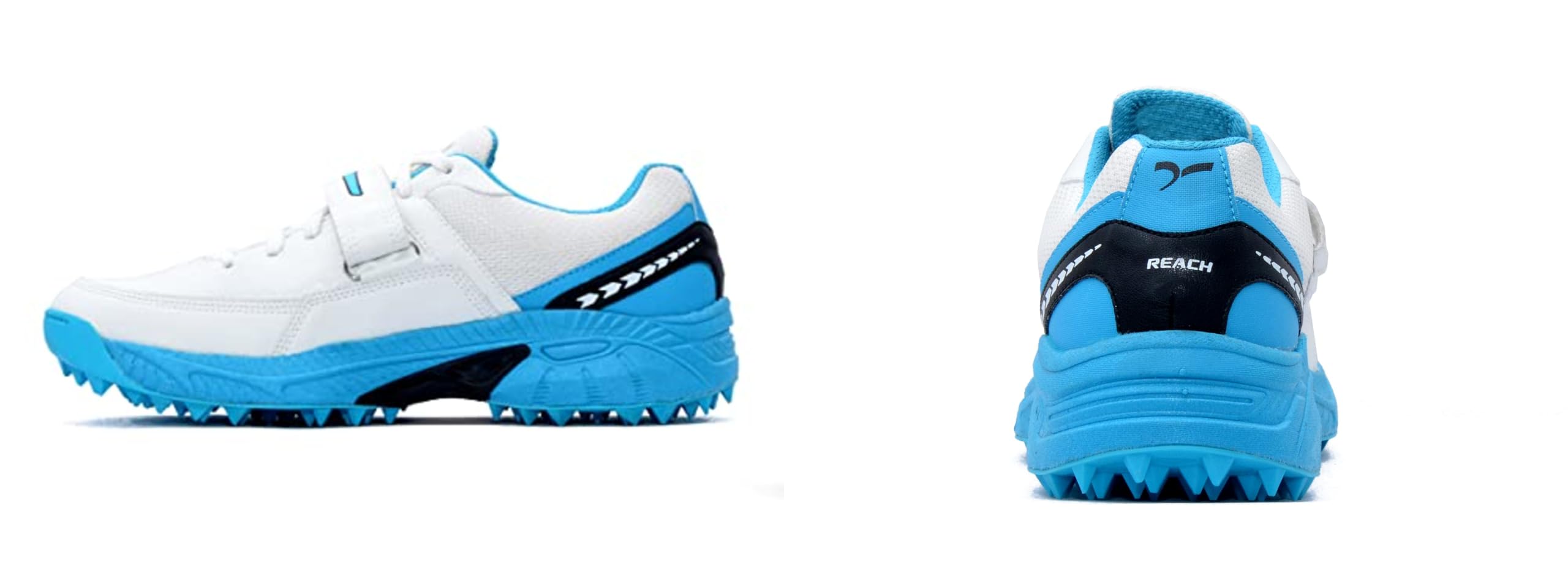 A pair of white, blue QUIVE SEGA REACH Performance Cricket Studs Boots with a synthetic and textile upper, featuring a midfoot band and a rubber outsole.
