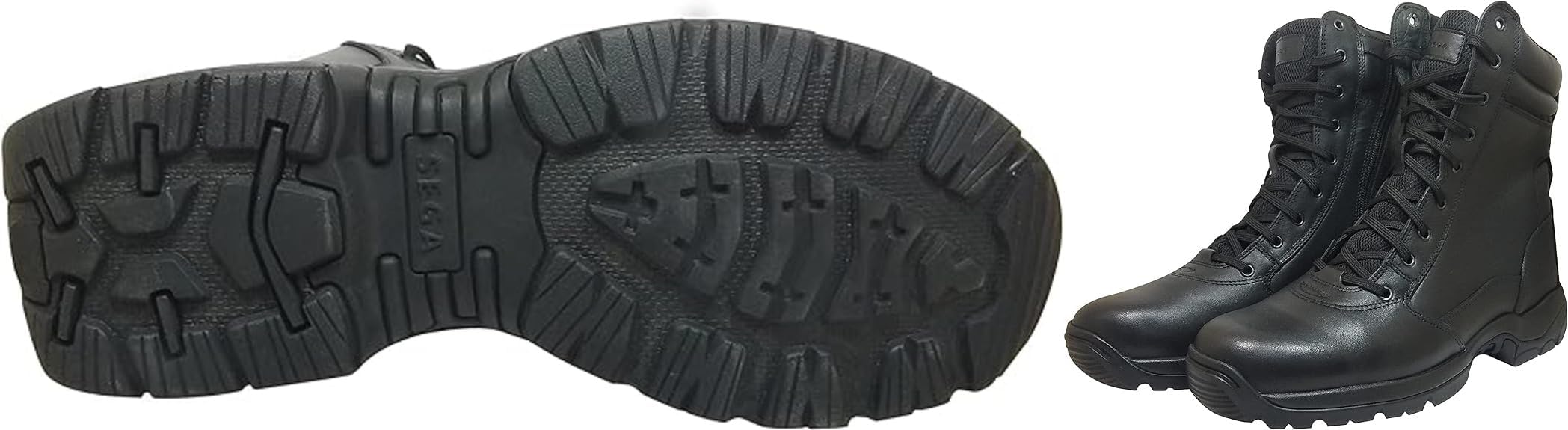 Black leather ankle boots with a lace-up closure and a rubber sole.